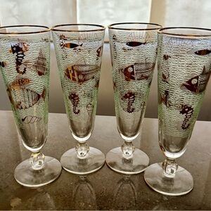 4 Vintage, Libbey etched aquamarine waves w/ seahorses & fish 22K gold. Pilsner